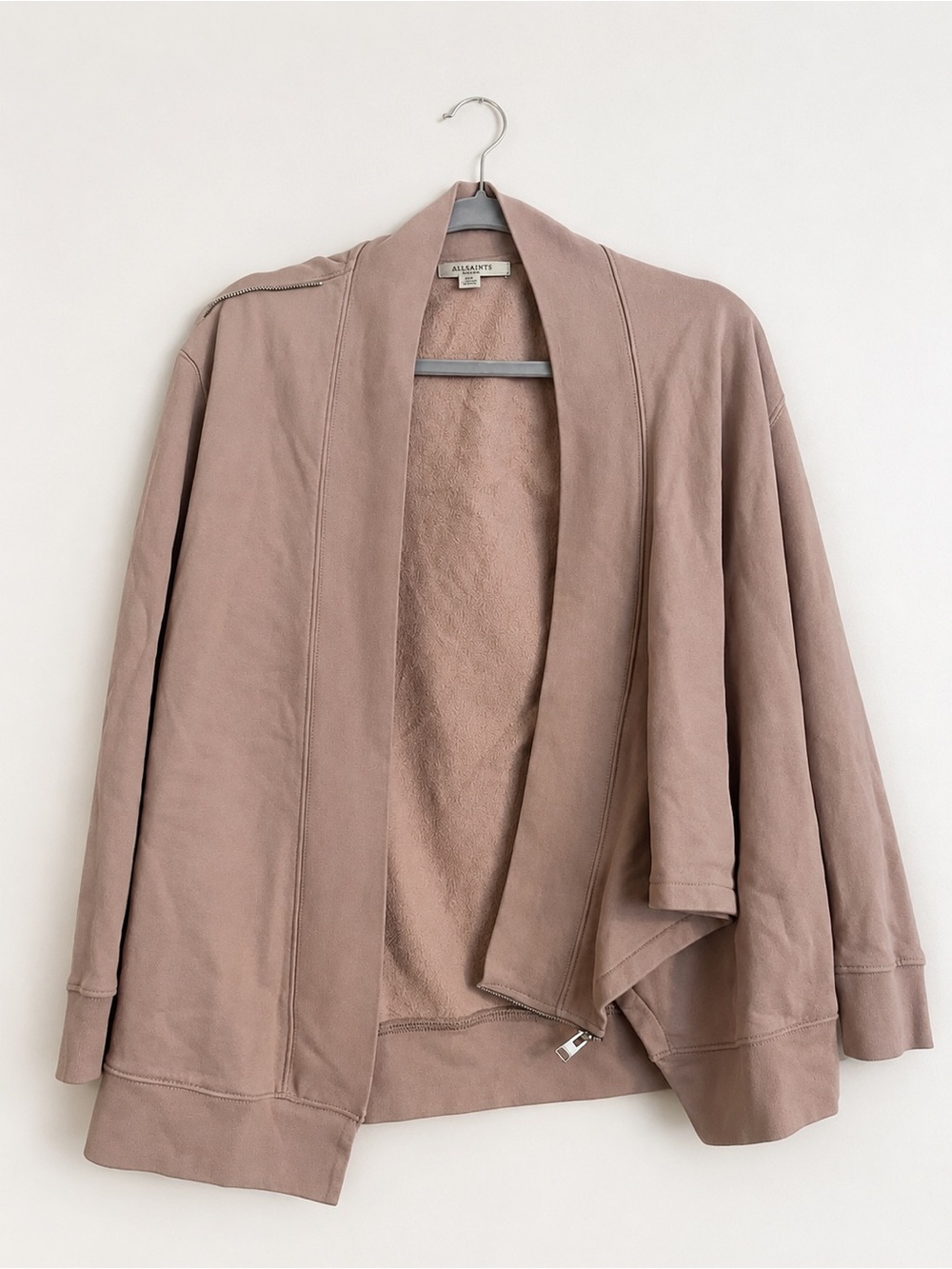 AllSaints Drina Drape Jacket Women’s Small Taupe Pink 100% Cotton Zip Detail